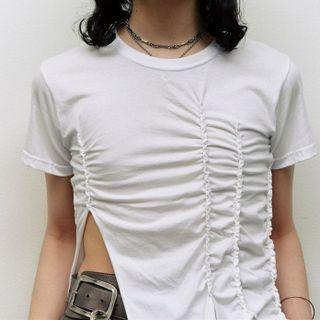 Ruched Slit Short-sleeve Crop Top