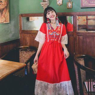 Short-sleeve Pattern Embroidered Midi A-line Dress