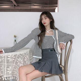 Set: Striped Camisole Top + Cardigan Black & White - One Size
