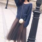 Cable Knit Sweater / Long-sleeve Sheer Midi Dress / Slipdress / Set