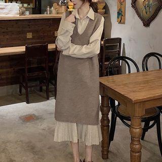 Accordion Pleat Midi Shirtdress / V-neck Knit Vest