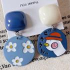 Duck & Flower Glaze Asymmetrical Dangle Earring E-194 - 1 Pair - Blue & White - One Size