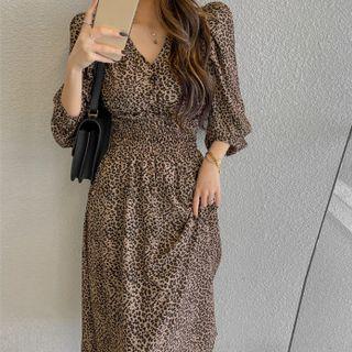 Smocked-waist Leopard Maxi Dress