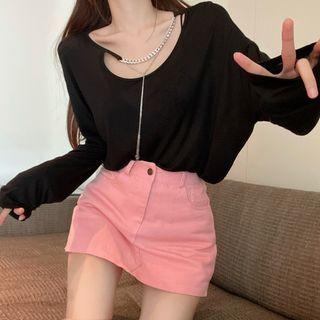 Long-sleeve Plain T-shirt / A-line Skorts