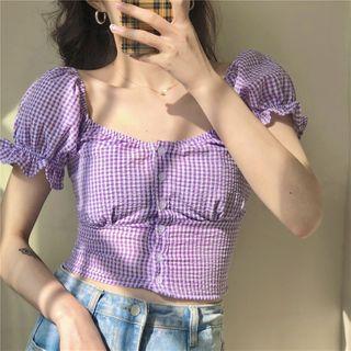 Square Collar Puff-sleeved Plaid Short-sleeved Shirt