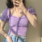 Square Collar Puff-sleeved Plaid Short-sleeved Shirt