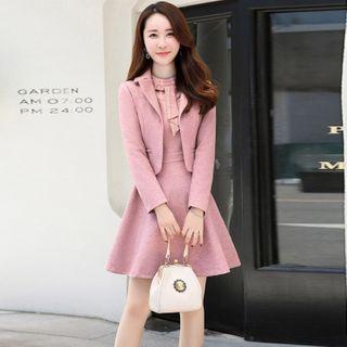 Set: Plain Coat + Long-sleeve A-line Dress