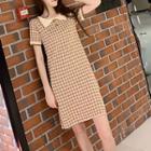 Gingham Collared Short-sleeve Knit Dress