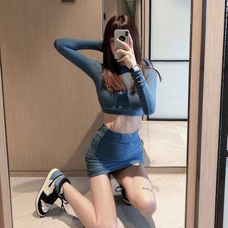 Set: Long-sleeve Crop T-shirt + Mini Pencil Skirt Blue - One Size