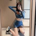 Set: Long-sleeve Crop T-shirt + Mini Pencil Skirt Blue - One Size