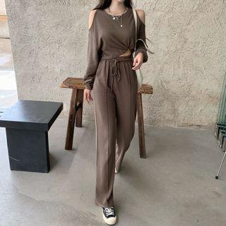 Cold Shoulder Sweatshirt / Drawstring Wide-leg Pants