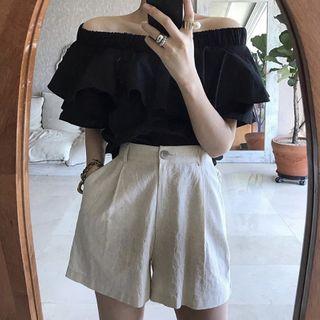 Off-shoulder Ruffle Trim Blouse / High-waist Wide-leg Shorts