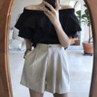 Off-shoulder Ruffle Trim Blouse / High-waist Wide-leg Shorts