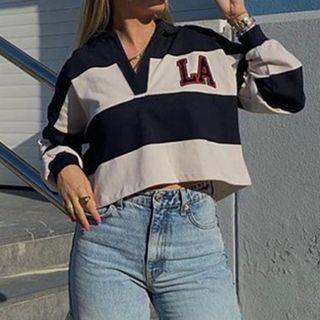 Lapel Lettering Embroidered Striped Cropped Sweatshirt