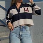 Lapel Lettering Embroidered Striped Cropped Sweatshirt