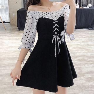 Polka Dot Panel Off-shoulder A-line Dress