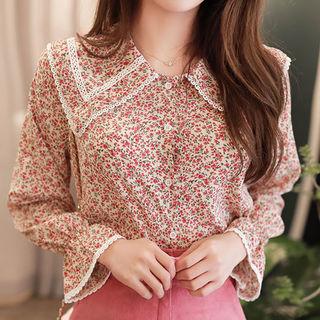 Sailor-collar Floral Chiffon Blouse