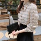 Puff-sleeve Checked Blouse Beige - One Size