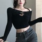 Long-sleeve Off-shoulder Cropped Fluffy Knit Top