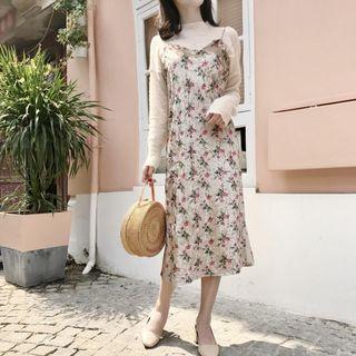 Plain Sweater / Floral Print Velvet Strappy Midi Dress
