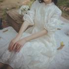 Puff-sleeve Jacquard Midi A-line Dress
