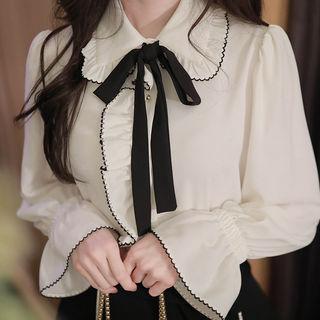 Tie-neck Frill-trim Stitched Blouse