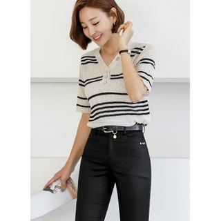 V-neck Button-detail Stripe Knit Top
