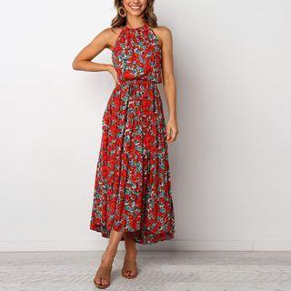 Floral Print Halter Midi A-line Dress