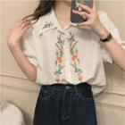 Puff-sleeve Flower Embroidered Blouse White - One Size