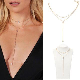 Rhinestone T-shape Double Layered Choker