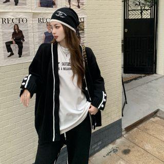 Contrast Trim Cardigan / Striped Wide Leg Pants / Long-sleeve Lettering T-shirt