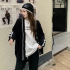 Contrast Trim Cardigan / Striped Wide Leg Pants / Long-sleeve Lettering T-shirt