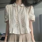 Short-sleeve Lace Trim Blouse / Plain Midi Skirt / Set