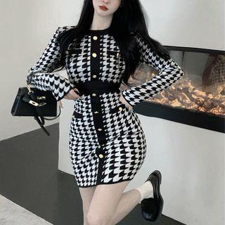 Houndstooth Slim-fit Knit Mini Dress Houndstooth - One Size