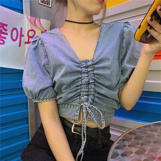 Drawstring Short-sleeve Denim Top