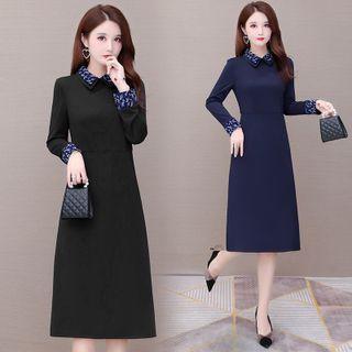 Long-sleeve Flower Print Panel Collared Dress