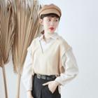 Striped Panel Mock Two Piece Top Khaki Almond(11) - One Size