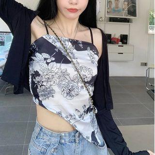 Floral Print Irregular Camisole Top / Cropped Cardigan