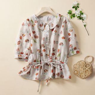 Elbow-sleeve Collar Print Blouse