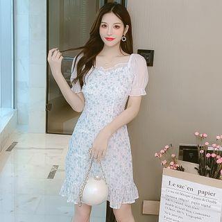 Puff-sleeve Floral Mesh Panel Dress