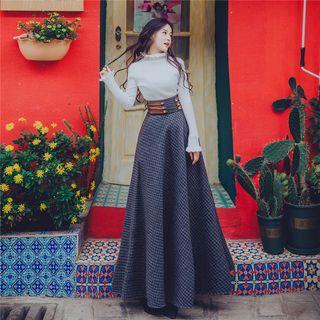 Set: Frill-trim Rib-knit Pullover + Suede Gingham Maxi High-waist Skirt