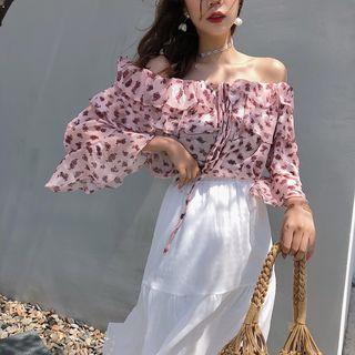 Floral 3/4-sleeve Top / High-waist Midi Skirt