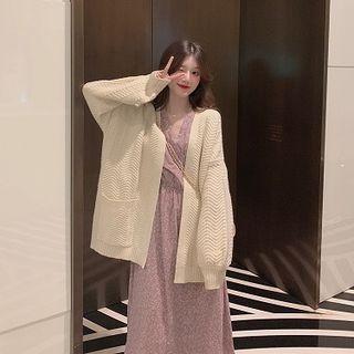 Open Front Cardigan / Long-sleeve Floral-print Midi A-line Wrap Dress