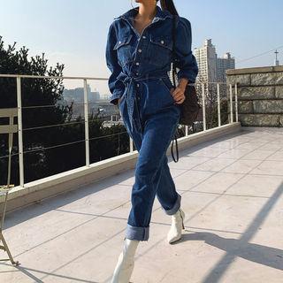 Puff-shoulder Denim / Plain Jumpsuit With Sash