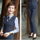 Set: Striped Vest + Slim-fit Pants + Pencil Skirt