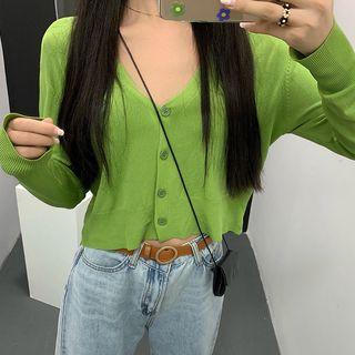 V-neck Cropped Cardigan / Wide-leg Jeans Green - One Size