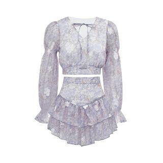 Set: Puff-sleeve Floral Cropped Blouse + Mini A-line Skirt