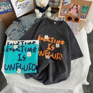 Letter Printed Floral Elbow-sleeve T-shirt