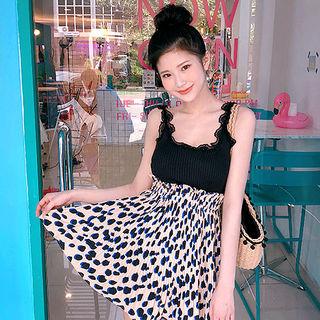 Band-waist Pleated Leopard Miniskirt
