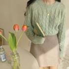 Set: Cable Knit Sweater + Plain High-waist Skirt